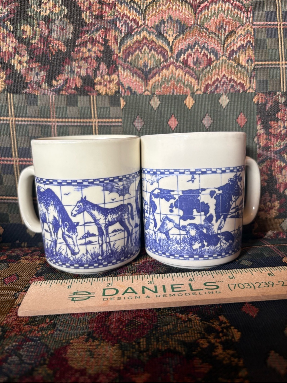 Vintage Churchill England Horse & Cow Farm Animal Blue White Mug Set of 2